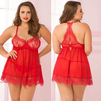 Plus Size Red Sexy Back Babydoll Set
