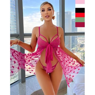 Romantic Heart See Through Mesh Knot Front Babydoll & Thong Lingerie Se