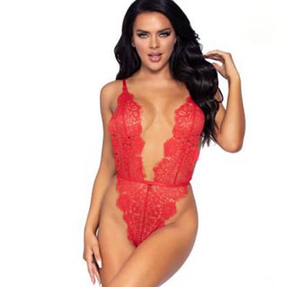 Red Sexy Low Plunge High Leg Lace Teddy Lingerie