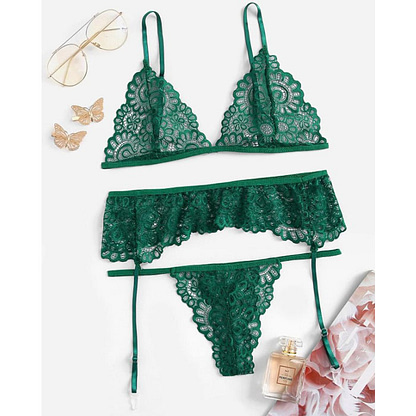 Soft Lace Bralette Panty and Garter Set Green