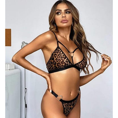 Sexy Women Leopard Heart-Ring Bra and Panty Lingerie Set