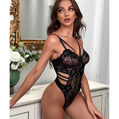 Sexy Lolita Black Sheer Floral Lace Strappy Teddy Lingerie