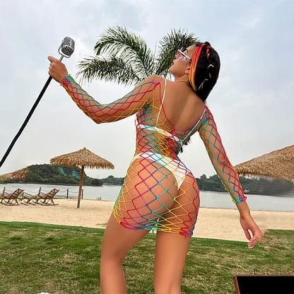 Zone Rainbow Fishnet Off Shoulder Beach Cover Up Chemise