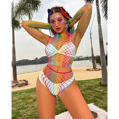 Zone Sexy Rainbow Fishnet Crop Top Set Beach Cover Up