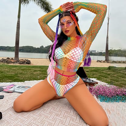 Zone Sexy Rainbow Fishnet Crop Top Set Beach Cover Up