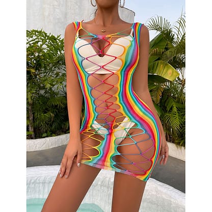 Zone Sexy Rainbow Fishnet Lingerie Mini Dress Beach Cover Up