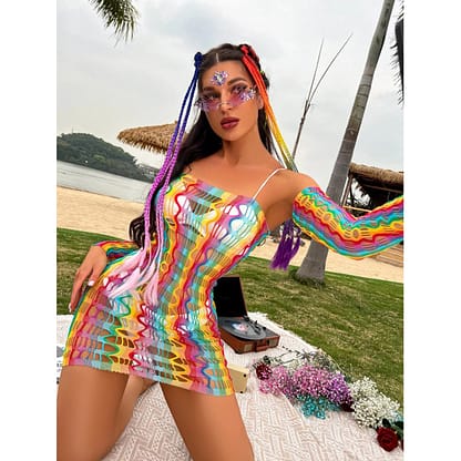Zone Sexy Rainbow Fishnet Mini Dress Lingerie Beach Cover Up