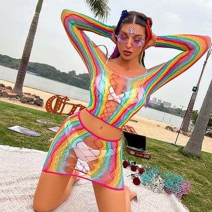 Zone Sexy Rainbow Fishnet Top & Skirt Lingerie Beach Cover Up