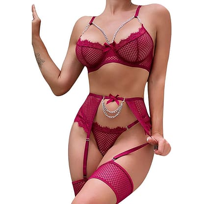 Cherry Red Sexy 4 Piece Chain & Mesh Fishnet Lingerie Set