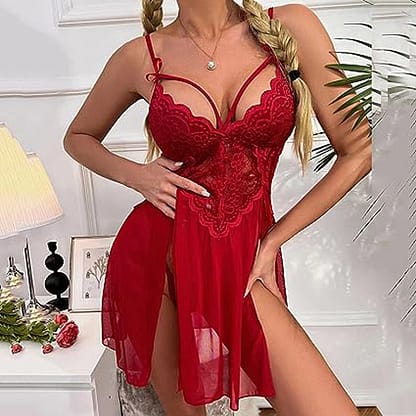 Red Sexy Strappy Side Splits Lace Babydoll Lingerie