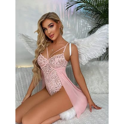 Pink Mesh Lace Underwire Teddy Babydoll