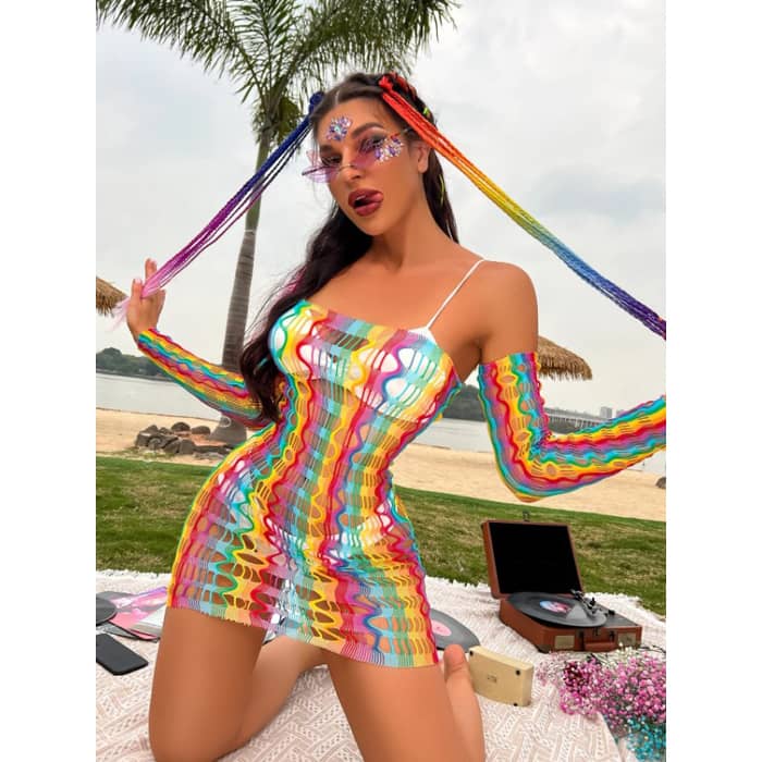 Leg Avenue Rainbow Fishnet Long Sleeved Mini Dress - One Size